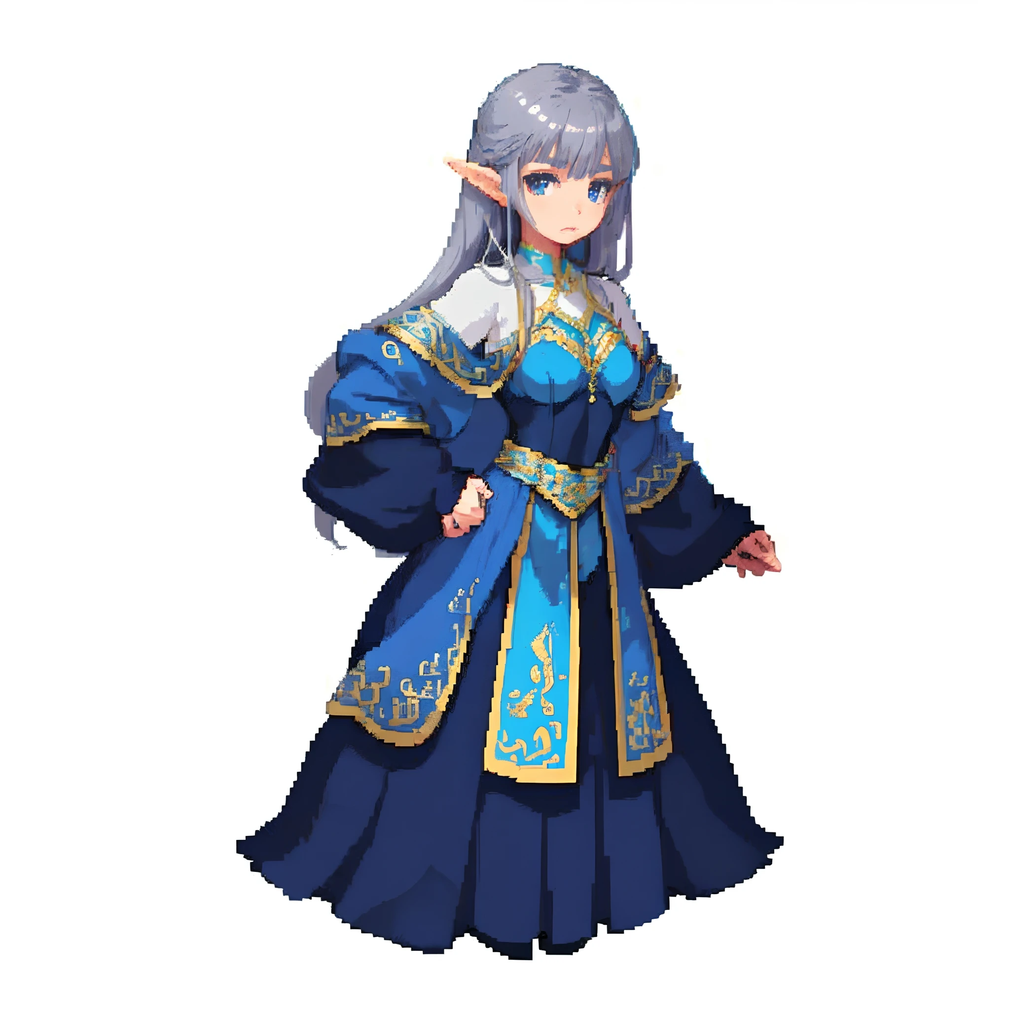 White background、full bodyesbian、elvish、long-haired gray hair、Blue national costume、Wearing a blue aura