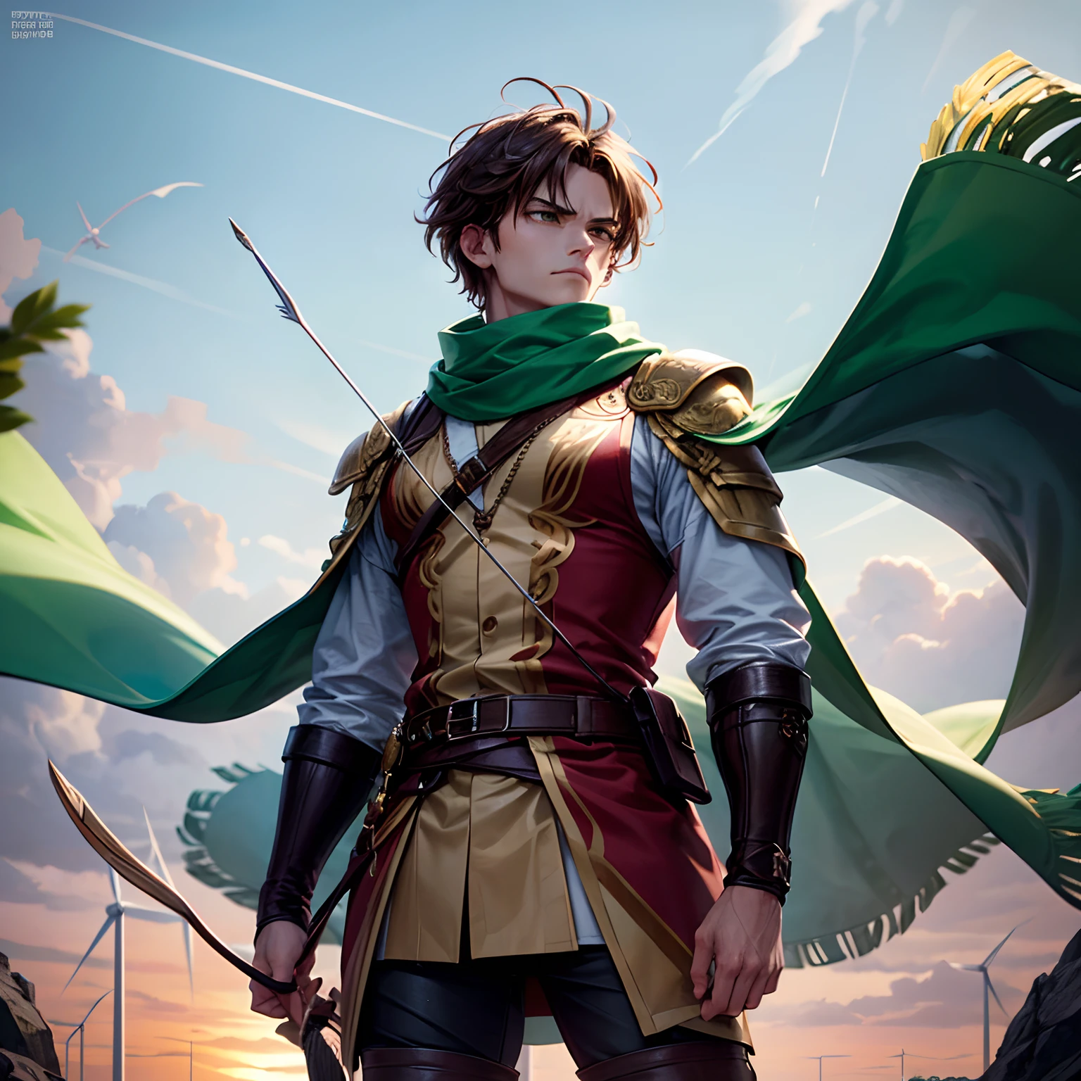 (best quality,highres,ultra-detailed:1.2),HDR,UHD,masterpiece:1.2,tall,25-year-old, male,masculine,has green eyes,brown hair,has short hair,wearing brown and green leather,has a scarf,serious face,waiting to strike,wind on his hair,holding a golden bow and arrow,wind energy in his aura,wind flowing around him,Radiant energy flowing through his body,exuding a sense of virtue and power,commanding respect and admiration from all who behold him,absorbing energy from the surrounding environment.