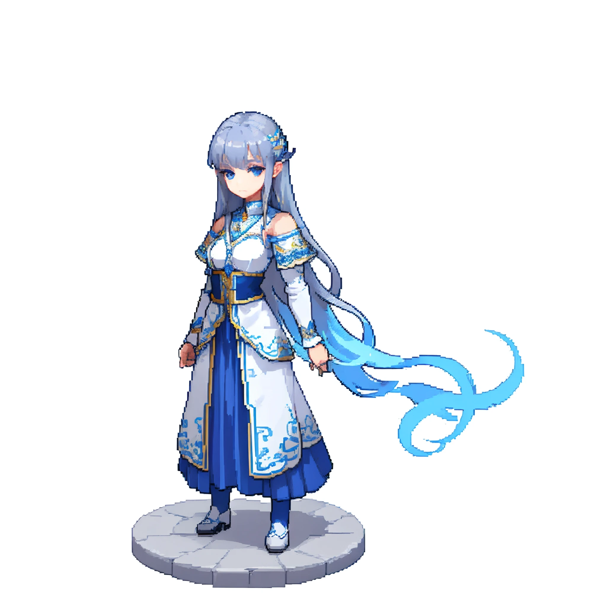 White background、full bodyesbian、elvish、long-haired gray hair、Blue national costume、Wearing a blue aura