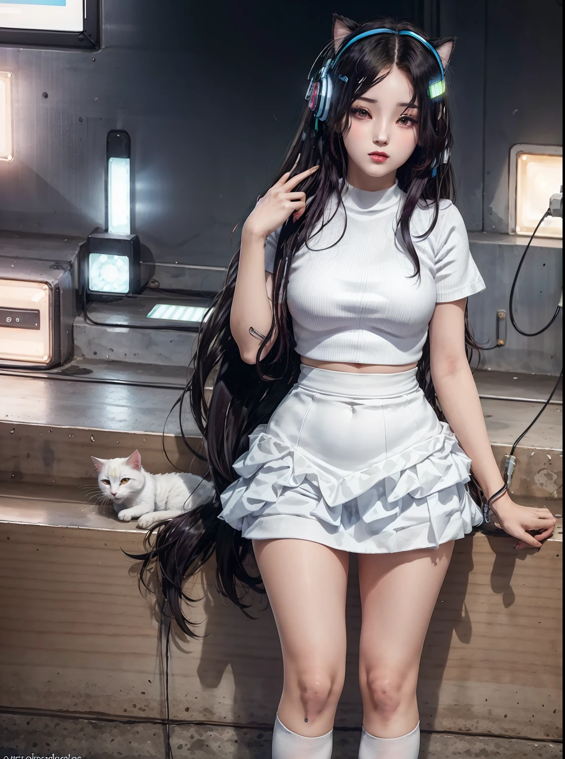 there is a woman in a short skirt posing in a room, seductive anime girl, white cat girl, advanced digital anime art, cyberpunk anime girl, anime barbie in white stockings, cute cyborg girl, digital cyberpunk anime art, anime cyberpunk art, digital cyberpunk - anime art, digital advanced anime art, attractive cat girl, anime style 4 k, very beautiful anime cat girl