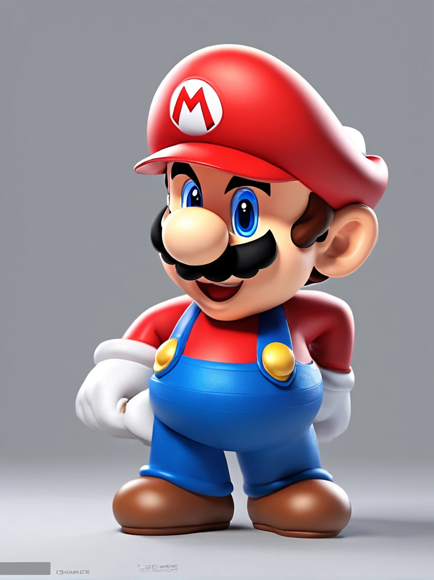 (Mario), Character Design, Nintendo Super Mario, (Blue eyes, Red hat, Red suit, Blue suspenders, White Gloves, )Super cute blind box style, Chibi, Full body, Exaggerated expressions and actions, clean back ground, Bright iridescent highlights, Studio Lighting, Atmospheric lighting, With exquisite texture, high detailing, High resolution, C4D, 。.3D, blender, 8K, Best Quality, Ultra high definition