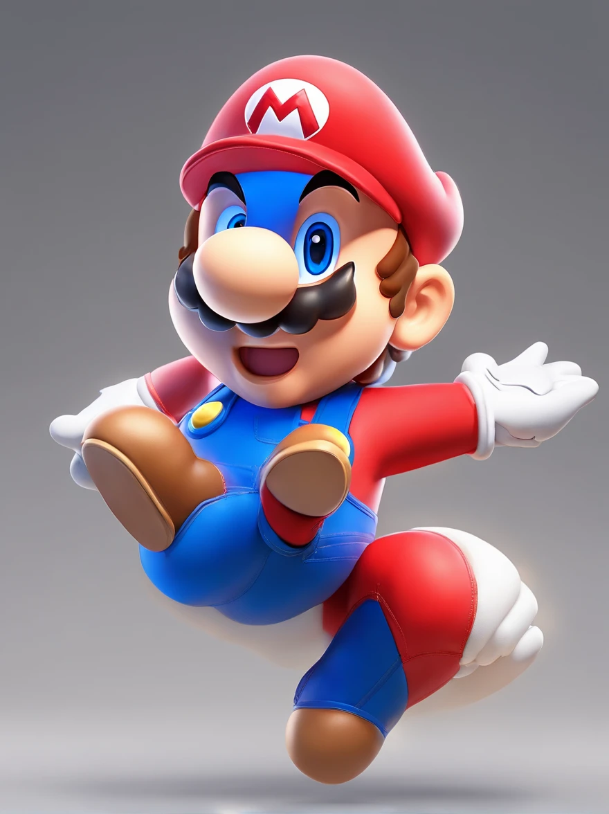 (Mario), Character Design, Nintendo Super Mario, (Blue eyes, Red hat, Red suit, Blue suspenders, White Gloves, )Super cute blind box style, Chibi, Full body, Exaggerated expressions and actions, clean back ground, Bright iridescent highlights, Studio Lighting, Atmospheric lighting, With exquisite texture, high detailing, High resolution, C4D, 。.3D, blender, 8K, Best Quality, Ultra high definition