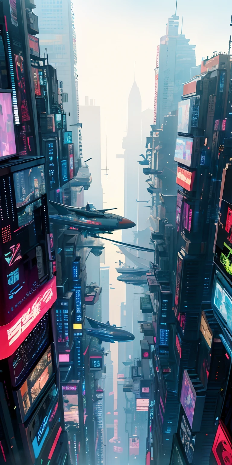 top-quality))、((masterpiece)、Cyberpunk City、Airship flying between skyscrapers、Cyberpunk style
