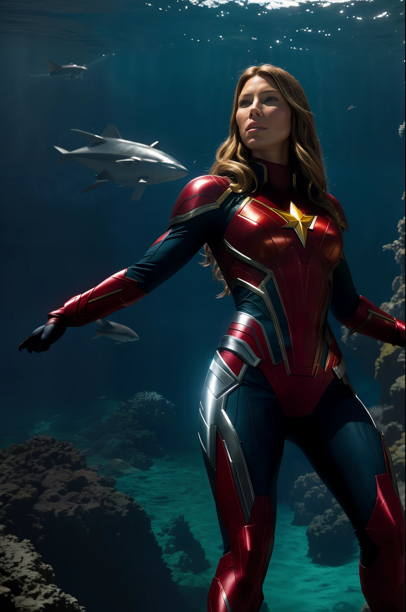 Low angle shot of Jessica biel in the Eternals movie, speedster In the ocean, MCU, superhero action pose, background of a destroyed, in a Battle, fighting, Full body, real, Tyrannical Supervillain, IMAX film, hyperrealistic, high resolution movie still, cinema lighting, atlantis light, wide red and black and silver, 8k