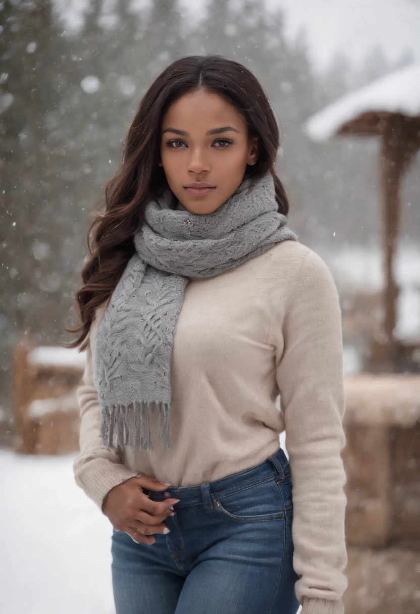 (black woman:1.5)、(Black skin),Emilicia Gomez, tall, beautiful model、Gorgeous, Spanish descent, Age 23, Smooth skin, Black hair. small tits, hotpants, Simple Silver Cross Necklace, Work in an underground base, Highly detailed, with light glowing, 8K, Checking artifacts, Amazing detail, stand full body Esbian、Dynamic Pose, wearing jeans and a sweater and scarf, snowing background
