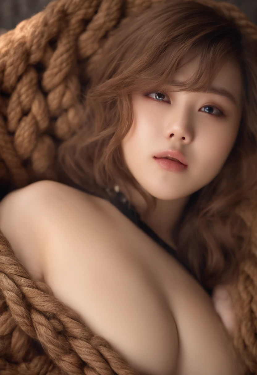 nogizaka, an extremely cute girl,large breasts, soothing tones, large breasts, highly detailed cute face and eyes,muted colors, high contrast,thighs, (natural skin texture, hyperrealism, soft light, sharp),crotch hemp rope,feel orgasm, close eyes, open mouth,tortoise shell bondage