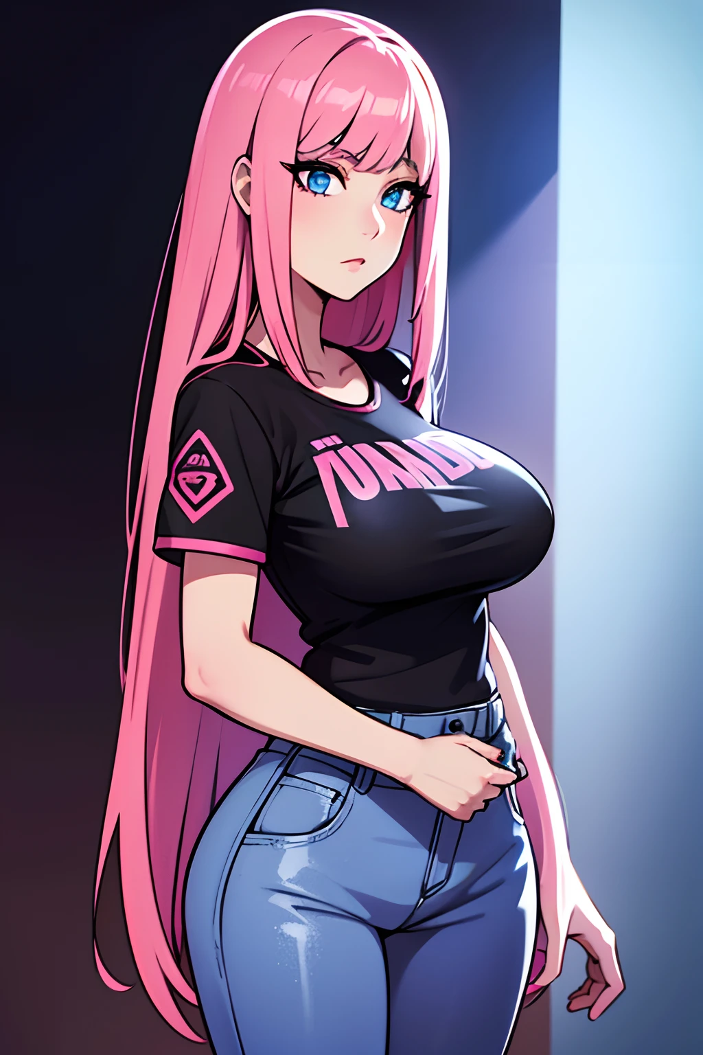 Elvira, Beautiful Gynoid,long pink hair,blue eyes,big bouncing breasts,[warning a Japanese jacket],[Japanese t-shirt],[Japanese pants],medium:illustrations,detailed face,ultra-detailed,bodydetails,[best quality:1.2],[highres,4k],vibrant colors,bokeh,soft lighting