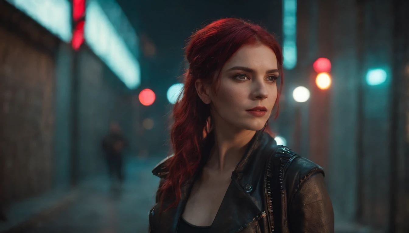 There's a cyberpunk woman with cyborg elements on her face standing in a cyberpunk city alley at night, punk hairstyle, red hair, crest haircut, dark knight movie aesthetic, darksynth aesthetic, red neons, beautiful woman, haze, foggy night, horror cyberpunk, noir aesthetic, sci fi thriller aesthetic, ultra detailed, photorealistic.