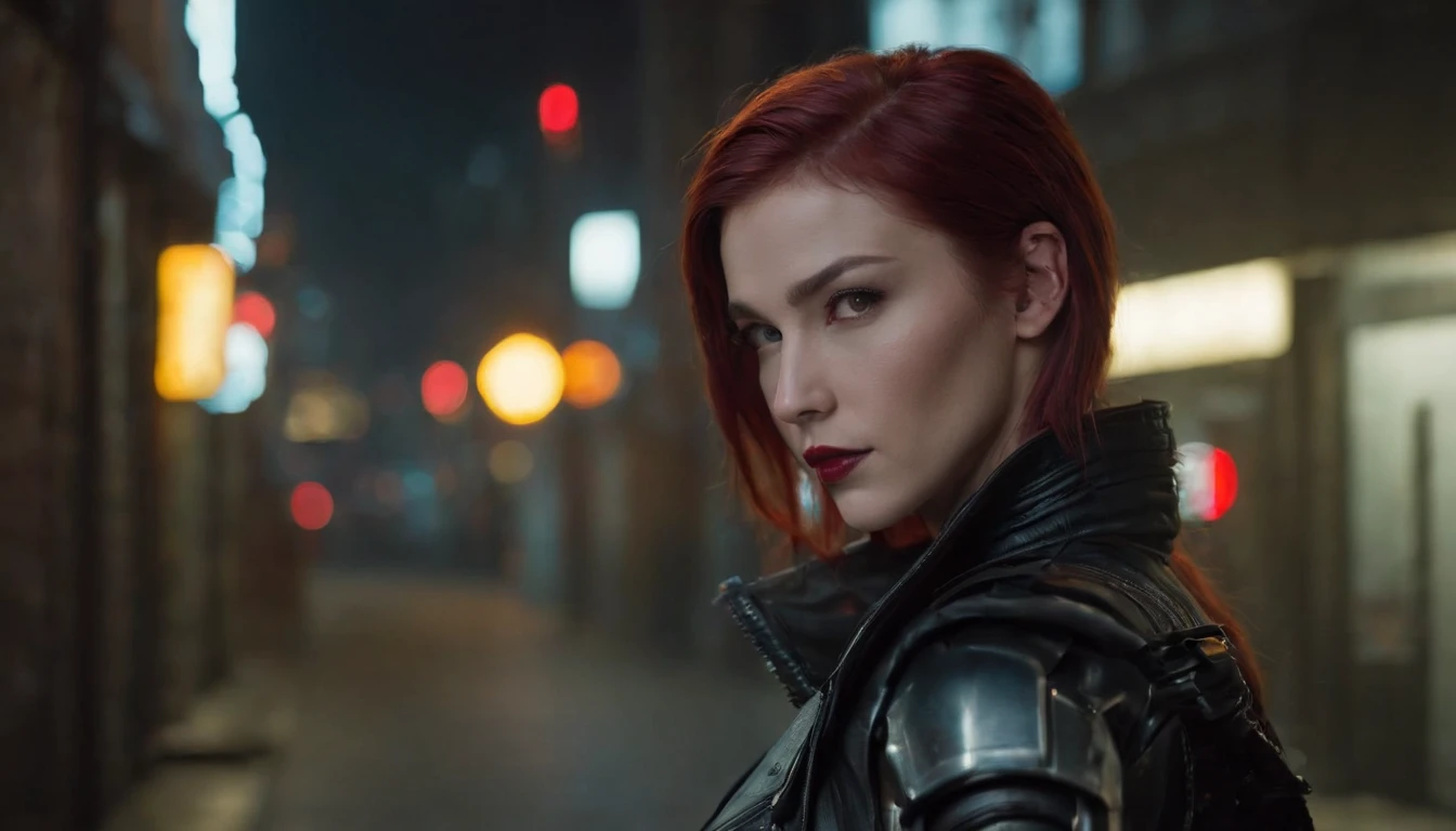 There's a cyberpunk woman with cyborg elements on her face standing in a cyberpunk city alley at night, punk hairstyle, red hair, crest haircut, dark knight movie aesthetic, darksynth aesthetic, red neons, beautiful woman, haze, foggy night, horror cyberpunk, ???? aesthetic, sci fi thriller aesthetic, ultra detailed, photorealistic.