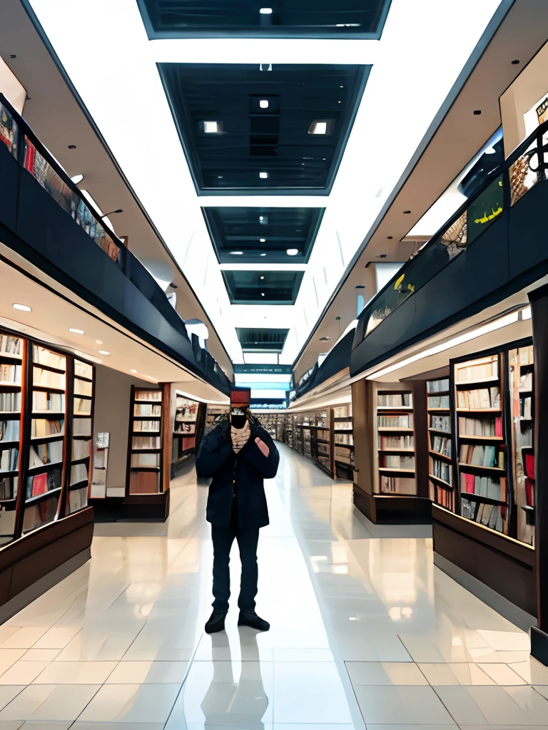 there is a man taking a picture of himself in a store, in a mall, in a library, old comics in city, cevagraf comics, appearing in a shopping mall, at a mall, symmetry!! full shot!!, very accurate photo, vertigo comics, distorted photo, taken with the best dlsr camera, looking at camera!!!, High quality image, 8k graphic, best quality