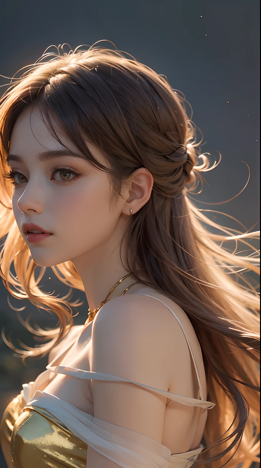 A close up of a woman with long hair wearing a gold dress - SeaArt AI
