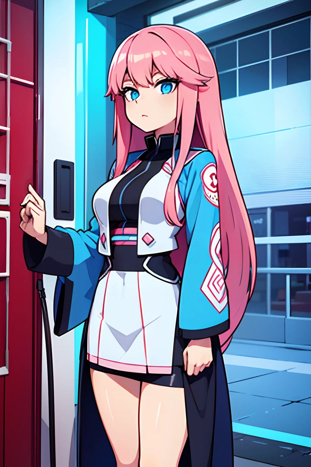 Beautiful Gynoid, long pink hair, blue eyes, Warning a Japanese jacket