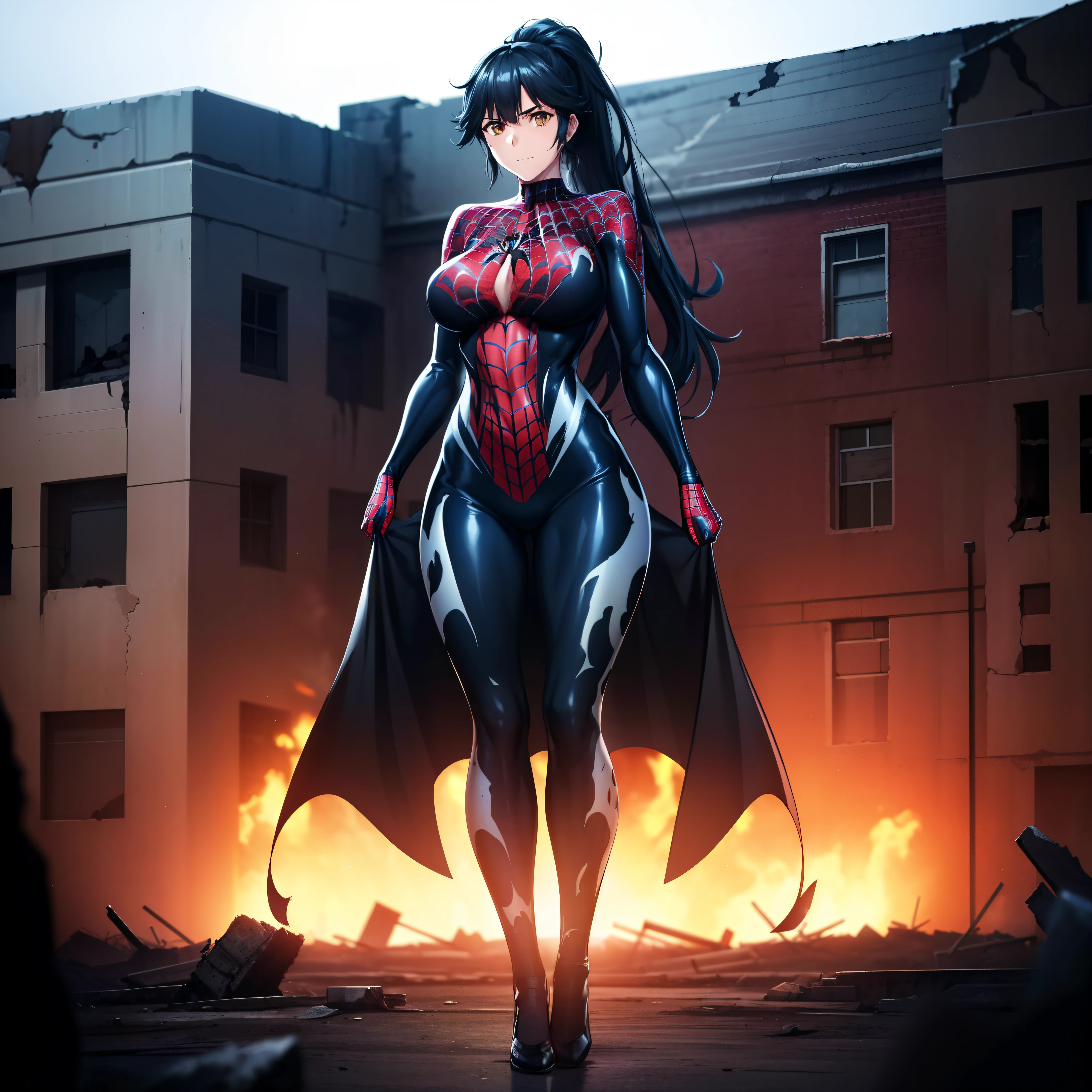 1girl,gigantic breasts,standing in ruined city,(8k),scratches,detailed face,black hair,brown eyes,long hair,embarassed,small smile face,high_res, high_definition,the battlefield,Heroic pose,dark suit,ponytail,(symbiote spider man Custome:1.1),