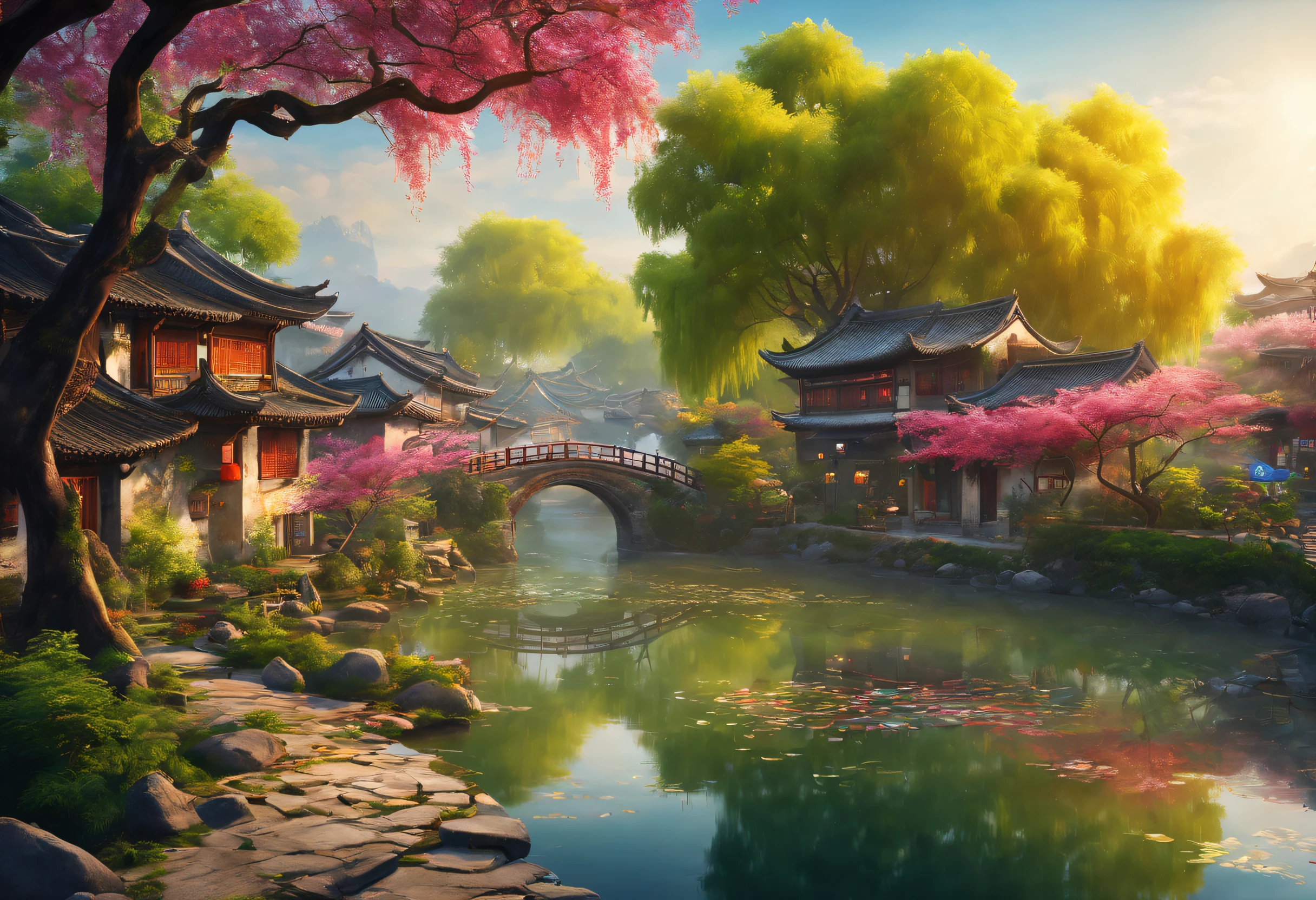 （vibrant with colors）, （Semi-realistic）, A vibrant riverside scene in ancient China, (Tranquil river water)Show on the(Elegant arch bridge)Oblivity, (Local villagers)'s(Picturesque residence), （Ming dynasty depiction：1.1）, Jiangnan Ancient Town, Small bridges and flowing water, Peaceful farmland outside the bustling city, （Sunny morning:1.2）, （fine brushwork：1.1）, Dynamic depiction, Panorama of the water's edge, Authentic atmosphere, Vivid authenticity, mesmerizing charm, Rich picture, 8K分辨率, 1.4x realism, Art Deco, projected inset, Sony FE GM, Wide-Angle, super detail, best quality, highres