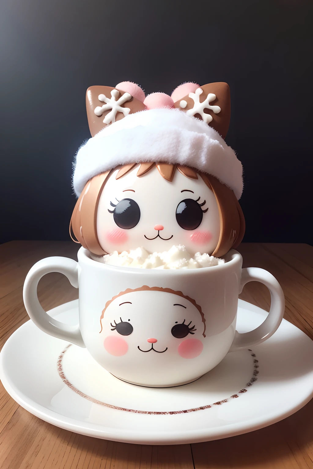 "Design a high-quality, adorable Kawaii Christmas-themed mug. The main elements of the design should include a cute and round-faced Santa Claus with rosy cheeks and a cheerful expression. Santa should be wearing a Santa hat with a fluffy white pom-pom. The background color of the mug should be a soft pastel shade, like light pink or baby blue, to give it a cute and Kawaii aesthetic.

Around Santa, add elements like cute reindeer, gingerbread cookies, and colorful holiday lights. These elements should also have a Kawaii style with big, happy eyes and smiling faces. Include snowflakes and stars to create a festive atmosphere.

Ensure that the design is heartwarming and appeals to both children and adults. The final artwork should be in PNG format with a transparent background, making it perfect for printing on mugs."