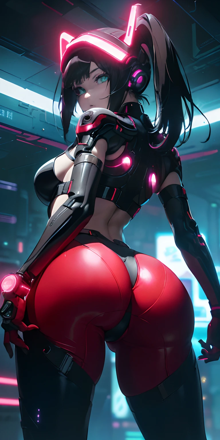 top-quality))、((masterpiece)、cyberpunked、Big buttocks、Electronic visor attached to 12-year-old girl's face with emphasis on buttocks、Cyberpunk Fashion、Sexy Posing、(Wearing red body spats on the lower body、Breasts enlarged、Neon lights in dark city at night、(Various poses)