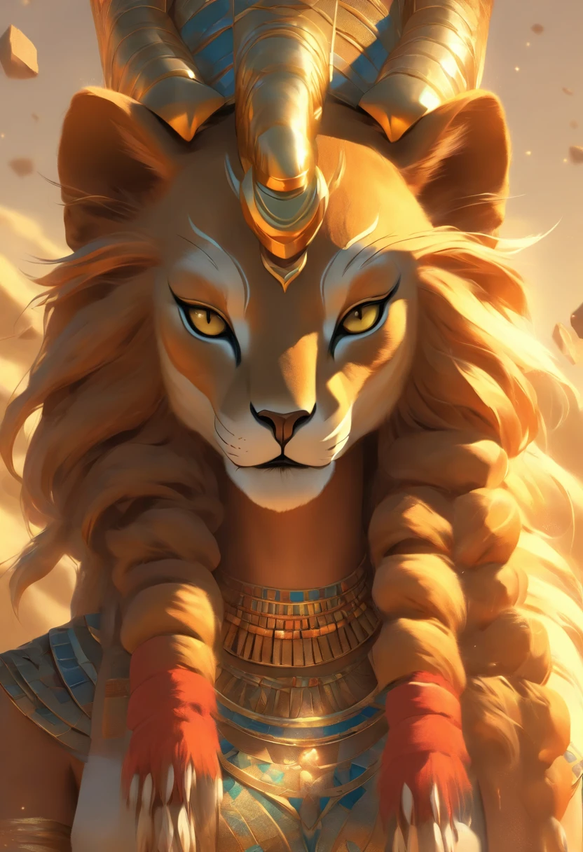 (((SEKHMET))) best quality, ultra-high resolution, 4K detailed CG, master piece, woman, Lioness Goddess, anger, showing fangs, Egyptian clothes, Egyptian mythology, desert, aesthetics, ((lioness head)) , standing, Beautiful image, centered