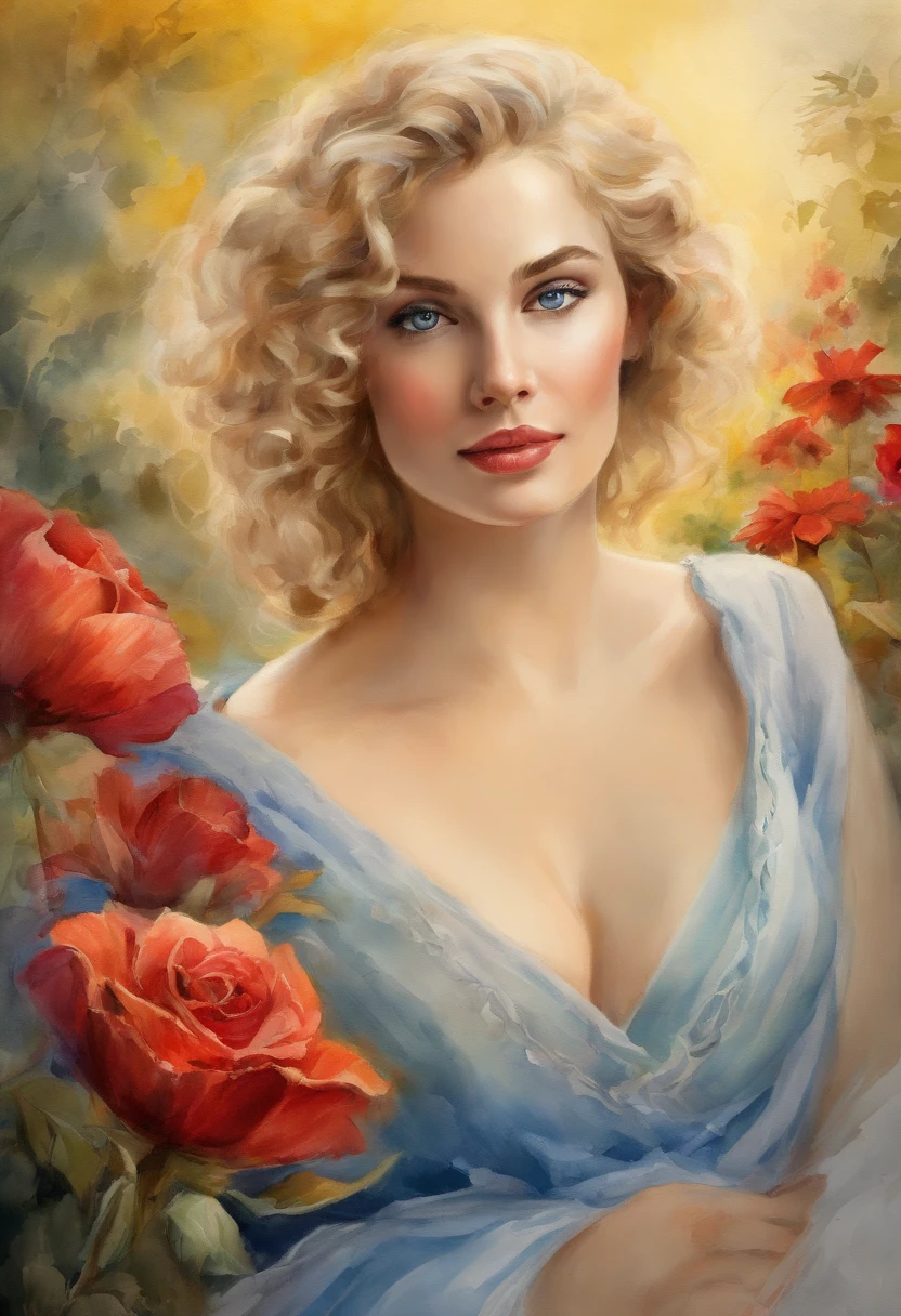 (best quality,4k,highres,masterpiece:1.2),ultra-detailed,realistic,beautiful detailed blue eyes,short blonde curly hair,red lips,big breasts,bust,girl in a yellow dress,flowers,looking at the horizon,sexy,illustration,soft lighting,vibrant colors