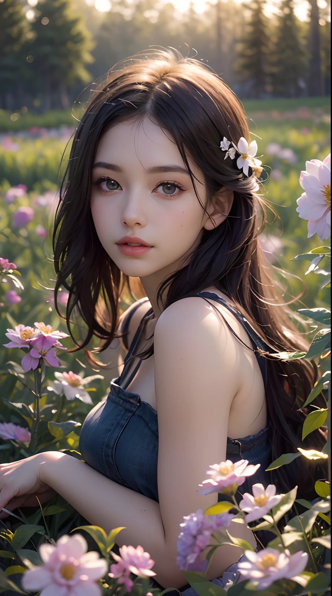 (best quality,4k,8k,highres,masterpiece:1.2),ultra-detailed,(realistic,photorealistic,photo-realistic:1.37),beautiful detailed eyes,beautiful detailed lips,extremely detailed eyes and face,long eyelashes,female,romantic atmosphere,monochromatic background,soft lighting,gentle expressions,subtle colors,pastel tones,painting-like,impressionistic style,artistic composition,natural setting,casual attire,in a flower garden,vintage aesthetic,ethereal beauty,graceful posture,daydreaming,pleasing harmony,peaceful ambiance,serene mood,dreamy ambiance,dainty flowers,vibrant blooms,grassy meadow,whispering breeze,glowing sunset,gentle rays of sunlight,faint scent of flowers,ethereal glow,simple yet elegant,calm and tranquil,subtle movement of leaves