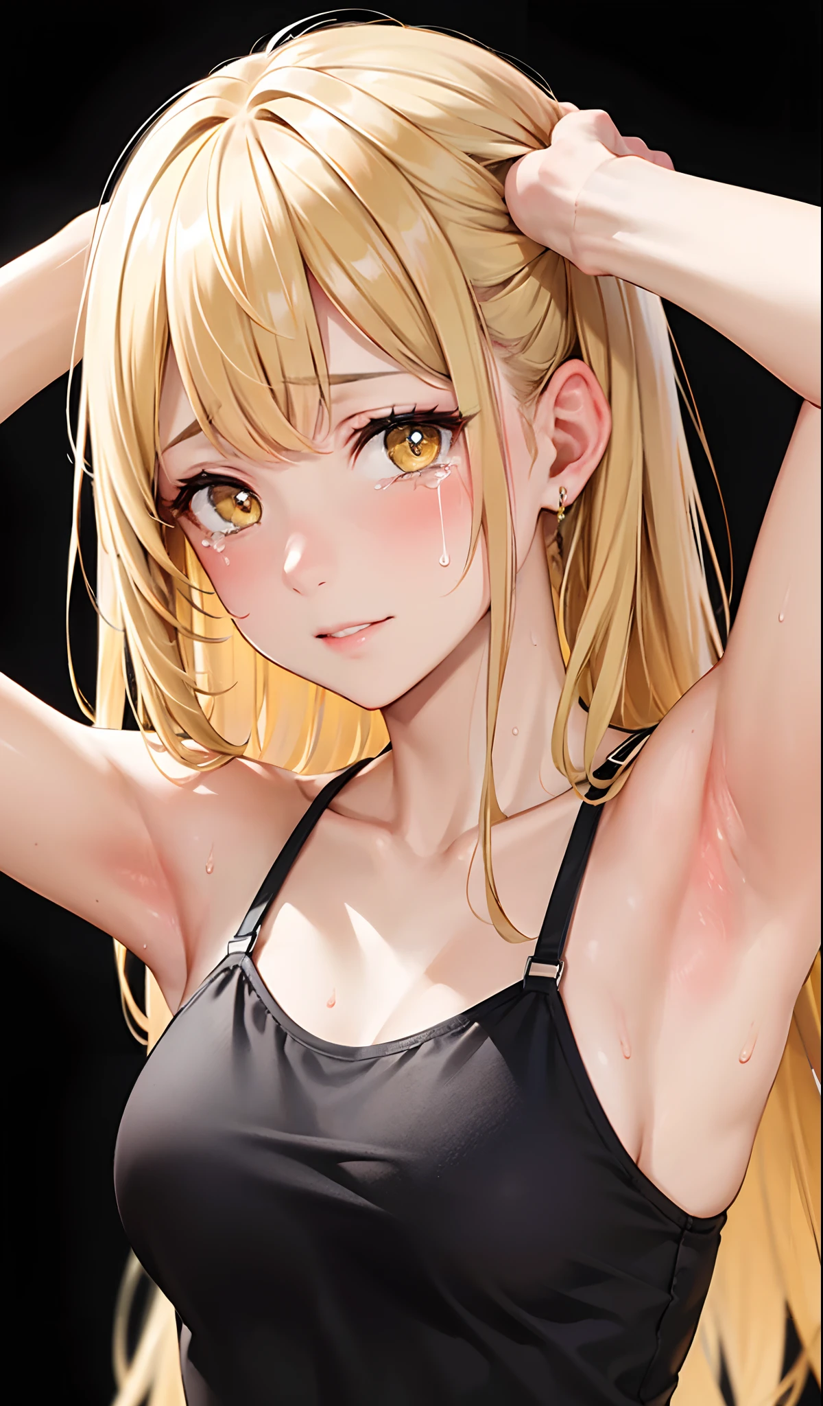 masutepiece, Top quality NSFW, 1 mature female,Frontal shot of a woman, Looking at Viewer, kawaii faces, medium breasts, Yellow eyes,  care,real  face,Gentle,Behind Wallenstein,  Yellow hair, Long hair, Beautiful detailed eyes,detailed armpit, (embarrassed:0.3),red blush,(is crying:1.2),with arms up,Put your hands on your head,Armpit, full of sweat,(Close-up on the face:1.2), Black Camisole Dress,office backdrop, ((mistress, Authority)),Anatomically accurate drawing,Biologically accurate drawing,