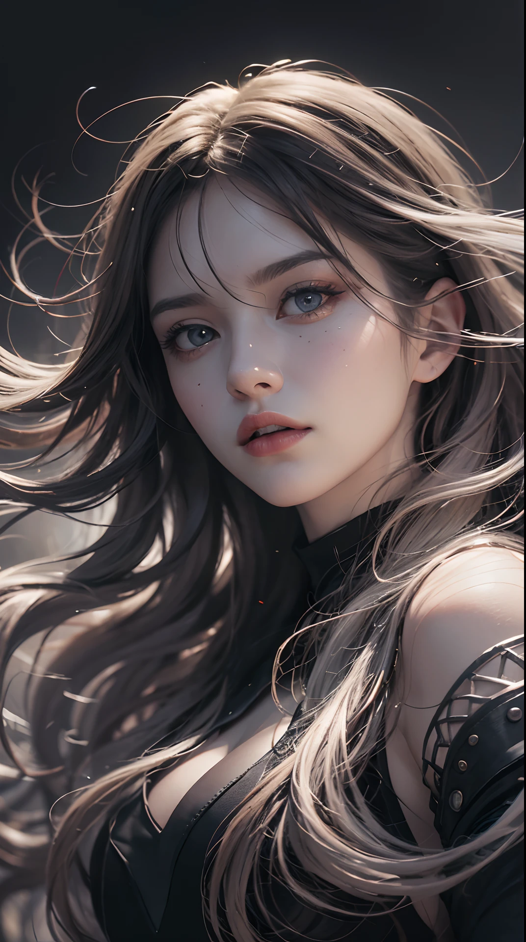 Female, adventurous atmosphere, monochromatic background, detailed eyes and lips, medium: oil painting, vibrant colors, intense lighting, best quality, highres, detailed description, dynamic pose, flowing hair, mystical aura, atmospheric landscape, dramatic clouds, subtle texture, mysterious shadows, cinematic feeling, captivating gaze, ethereal beauty, contrasting tones, alluring expression, intense emotions, powerful presence, evocative storytelling, masterful brushstrokes