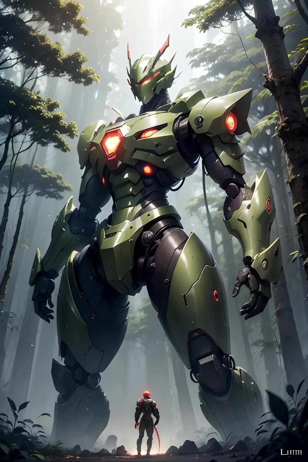 1 Giant mecha-style robot, vermelho detalhes em laranja, olhos de leds verdes, 5 olhos, standingn, corpo inteiro, Hands with sharp fingers, In a rainforest with giant prehistoric trees, obra prima, vermelho predominante, ombros simples, Dragon-like head, (Red robot), dragon helmet, lutando com serpente verde gigante, serpente com presas grandes