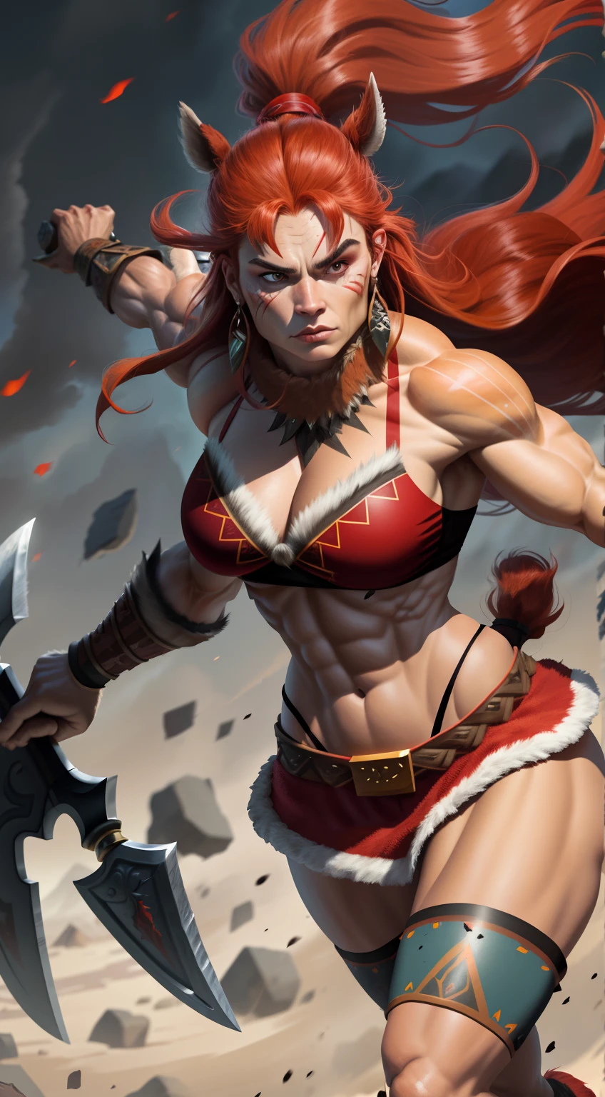 barbarian warrior woman, fur skirt, fur bra, indigenous makeup, beautiful face, vertical scar on left cheek, expressive eyes, masterpiece, 8k, muscular, broad shoulders, holding axe, wide hips, muscular legs, red hair, tail hair horse, battle pose.