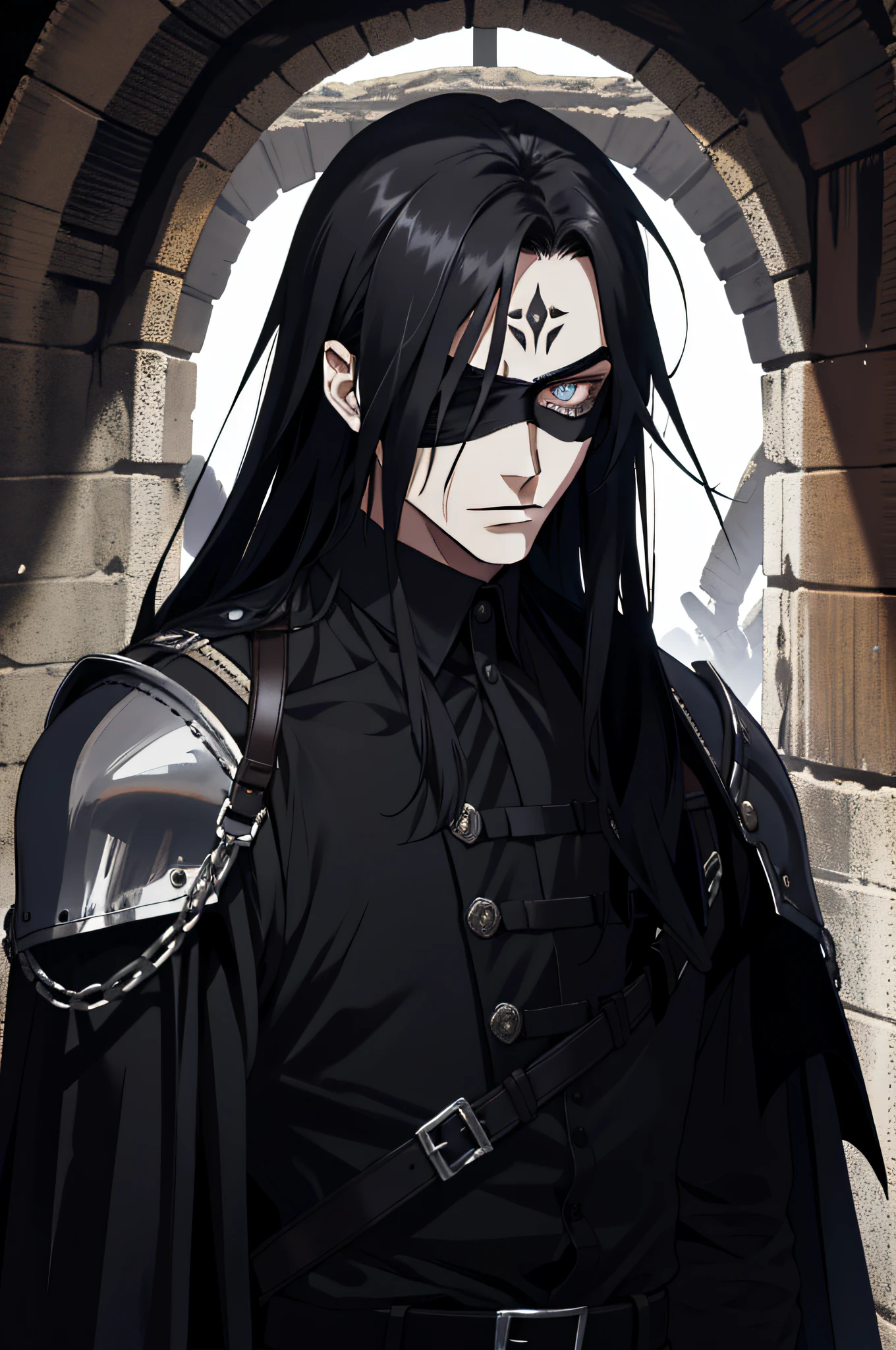 27-year-old man, male, pyscho, long black hair, eyes covered, forehead tattoo, gothic, evil mile, blindfold, wearing a dark medieval knight armor, cave background