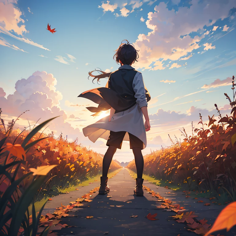 Scattered in the autumn breeze, 1boy, Rear view of one girl in the distance, back-view