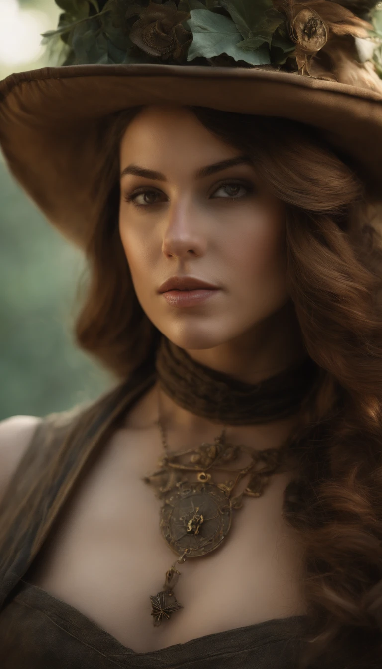 Impressionante magica fantasia retrato de corpo inteiro da mulher steampunk no vestido verde escuro, Dipping neckline highlighting feminine features, orelhas pequenas, brown hair, sorrindo feliz, dynamic pose, TICKER, fantasia , Detalhe extremo, 4Kde, Ultra HD |, trending on ArtStation, polido, radiante, vibrante, luz de fundo, 8Kdende UltraHD |, Unreal Engine Serves 5, intrinsecamente detalhado, Raio 3D