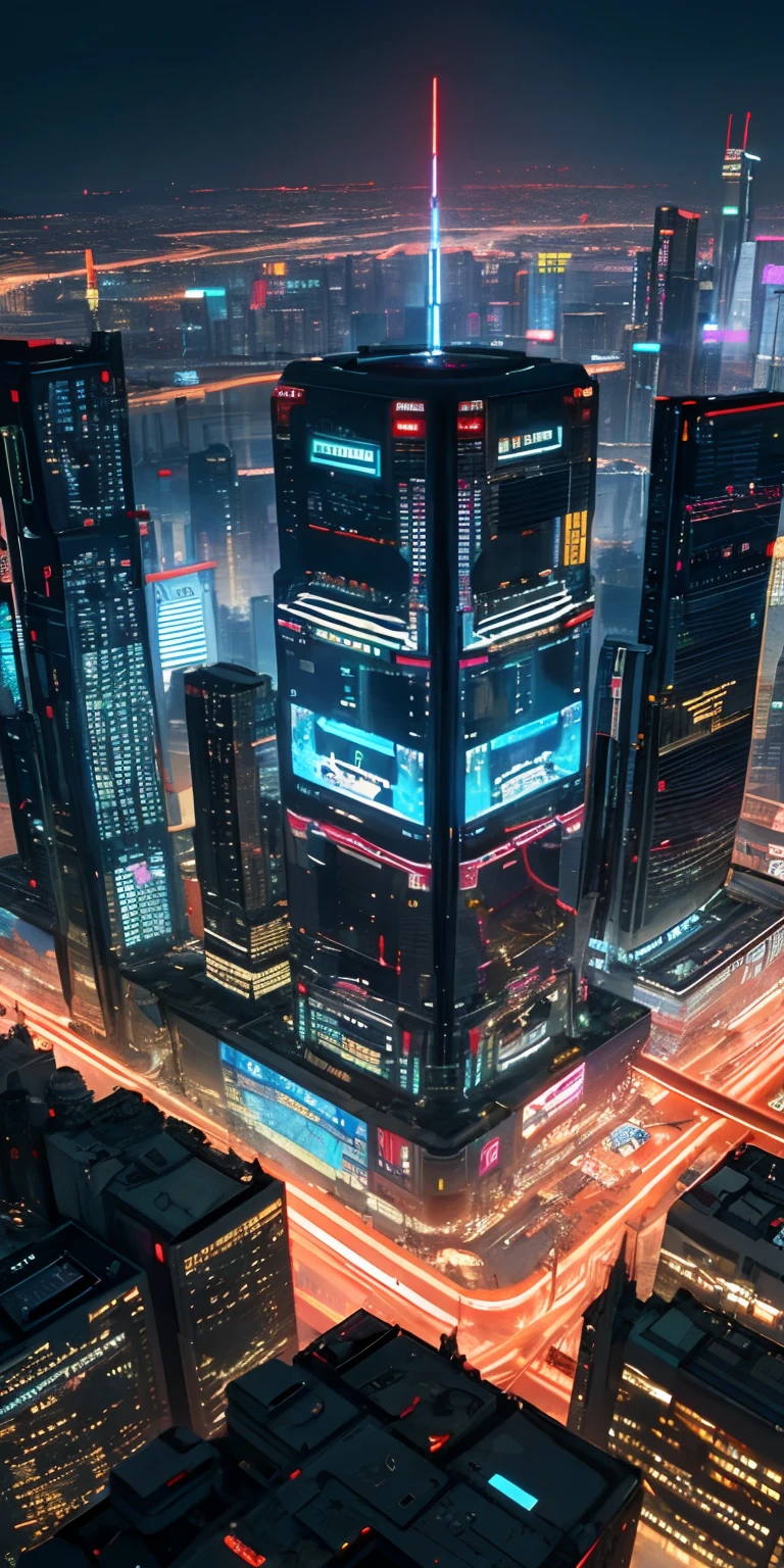 top-quality))、((masterpiece)、Cyberpunk City、Depiction seen from the air