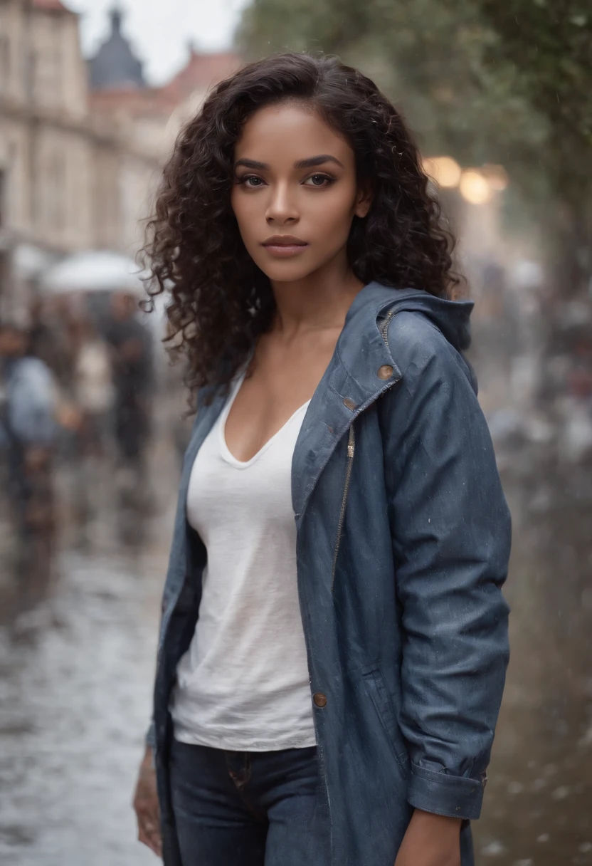 (black woman:1.5)、(Black skin),Emilicia Gomez, tall, beautiful model、Gorgeous, Spanish descent, Age 23, Smooth skin, Black hair. small tits, hotpants, Simple Silver Cross Necklace, Work in an underground base, Highly detailed, with light glowing, 8K, Checking artifacts, Amazing detail, stand full body Esbian、Dynamic Pose, jeans and raincoat, city background raining
