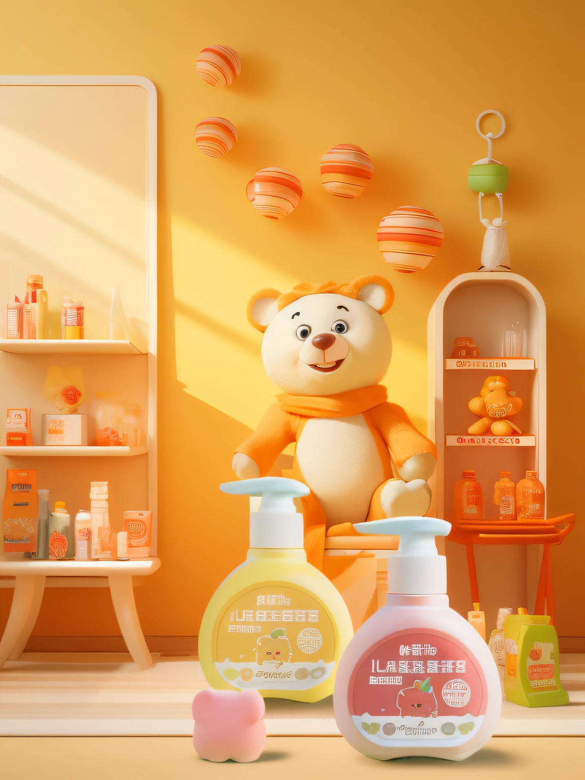 There was a teddy bear sitting on a bottle of lotion, cute 3 d render, lulu chen, Product rendering, 3 D CG, product design render, 3D CG, 3 d product render, 3d product, ProductAdvertisements, clean 3 d render, smooth 3d cg render, promotional render, high quality topical render, ProductAdvertisements