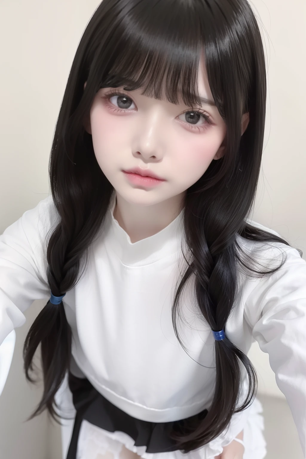 top-quality、8K、32K、masterpiece、nffsw:1.2)、1girl in、One girl、A dark-haired、Heavy bangs、long sleeved shirt、length hair、Ruffled、Cute clothes、Focus on the face、White wall background、maid clothes、Black jumper skirt、Focus on the face