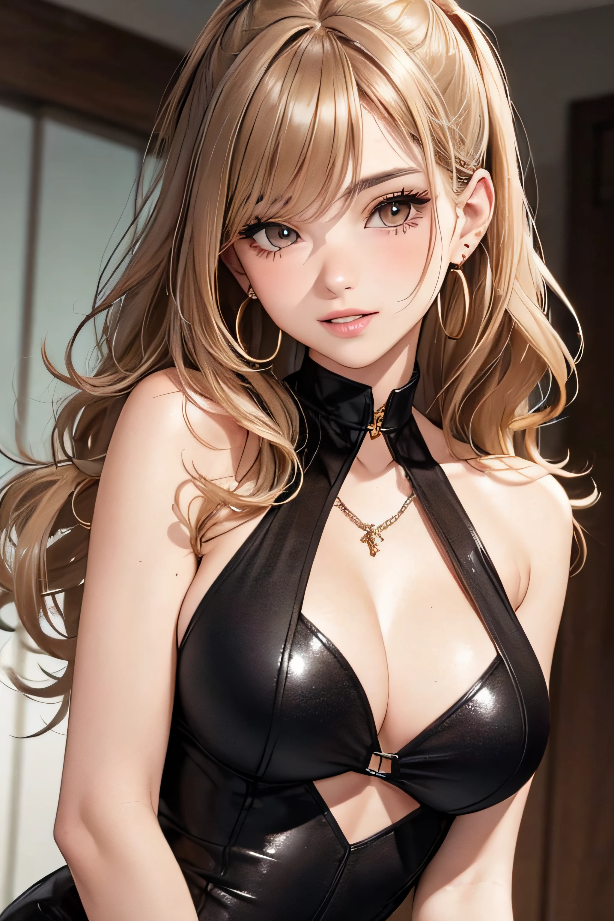 (A frontal photo)blonde girl in winter clothes, Pretty face, Highly detailed face and skin texture, (Detailed eyes), Brown eyes, Double eyelids, Thin eyebrows, Glitter eyeliner: 1.2, Natural cheeks, Glowing skin, Light skin: 1. 2, Shiny necklace and earrings, (Shiny lips: 1. 4), (Seductive smile), (20 years old), (High ponytail, Wavy hair, Brown hair, Diagonal bangs), Medium long hair, ((Upper body shot)), (Focus on chest and face), Medium large breasts, Turgid breasts.