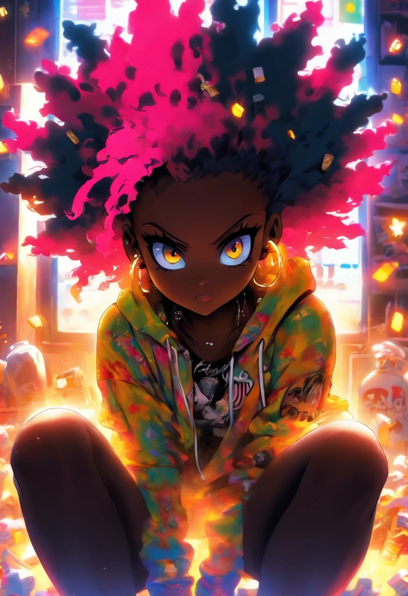 sitting down on couch in basement, huge ass/thighs, small waist, no shoes, naked sexy punk rock girl, rainbow black Afro, huge boobs, yellow eyes, dark skin, High resolution