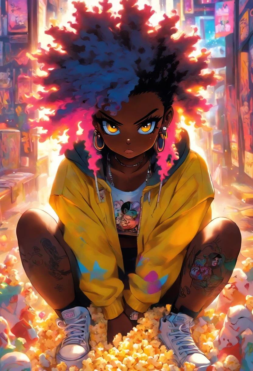 The most beautiful and naked sexy punk rock girl, black Afro, huge boobs, rainbow hair, yellow eyes, dark skin, wearing a hoodie, tons of tattoos and piercings, Perfect masterpiece, high quality, High resolution, sitting down eating popcorn, watching TV
