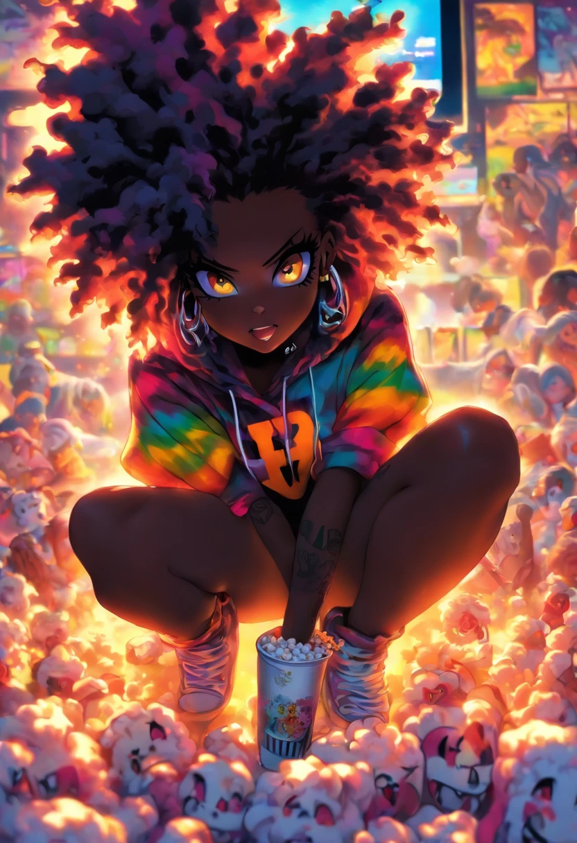 The most beautiful and naked sexy punk rock girl, black Afro, huge boobs, rainbow hair, yellow eyes, dark skin, High resolution, sitting down eating popcorn, watching TV