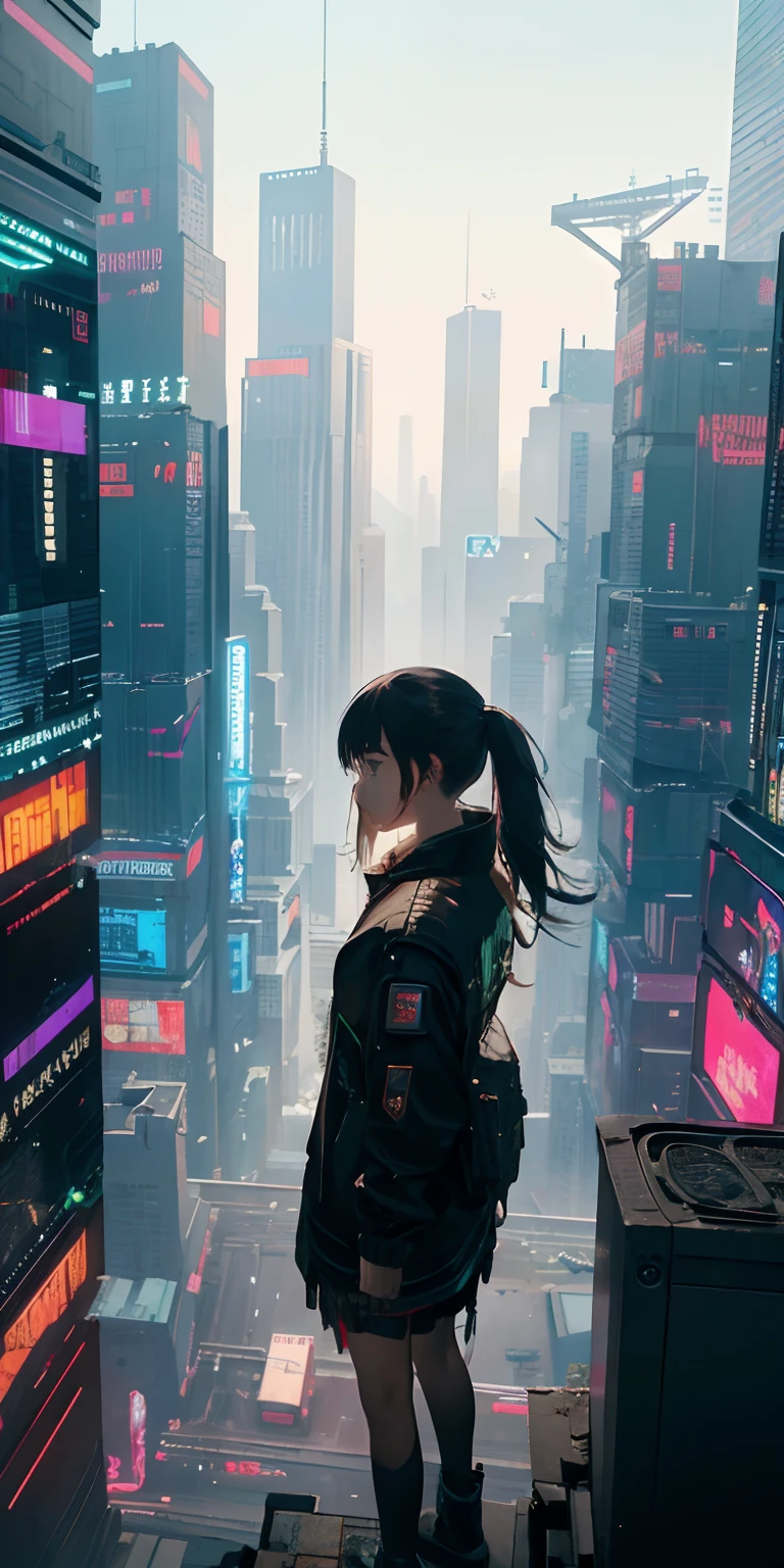 top-quality))、((​masterpiece)、Cyberpunk City、Depiction of a young girl looking down on the cityscape below from a skyscraper、Cyberpunk Fashion