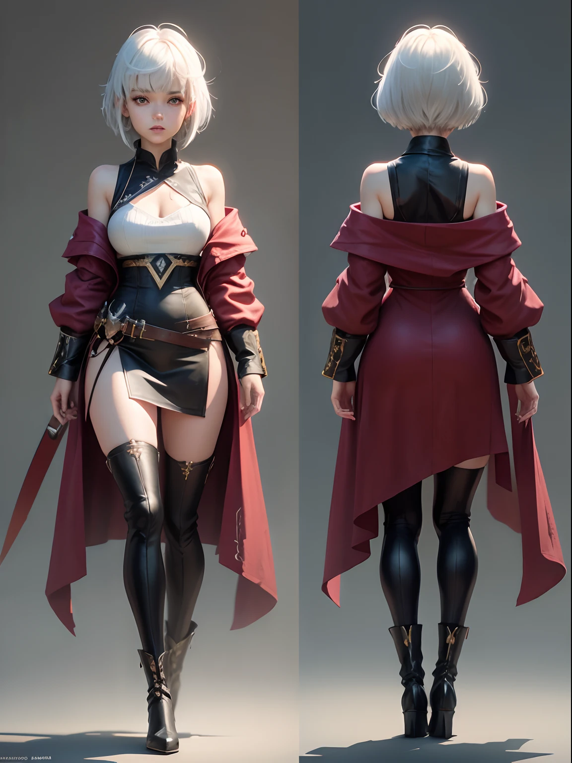 character sheet, full body front and back, street fashion, red wine long robe dress, adorable girl, Her Asymmetric Pixie hairstyle, silver hair, short hair, and left-facing bangs, long gold legging, boots, cute girl, perfect skinny figure, intricate detail, high detail, anime, full color, perfect anatomy, centered, approach to perfection, 4k , cinematic dramatic atmosphere, artstation, concept art, fluid and sharp focus, volumetric lighting, cinematic lighting