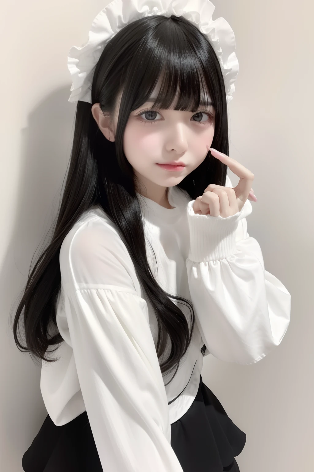 top-quality、8K、32K、masterpiece、nffsw:1.2)、1girl in、One girl、A dark-haired、Heavy bangs、long sleeved shirt、length hair、Ruffled、Cute clothes、Focus on the face、White wall background、maid clothes、Black jumper skirt、Focus on the face