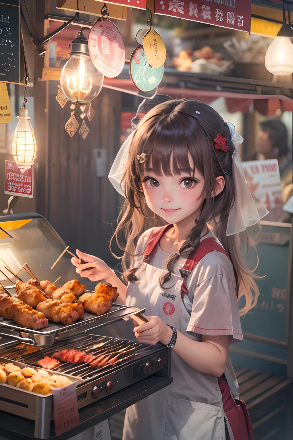 A girl, smile, At a small stall,Fried chicken wings are sold,grilling skewers,lamplight,