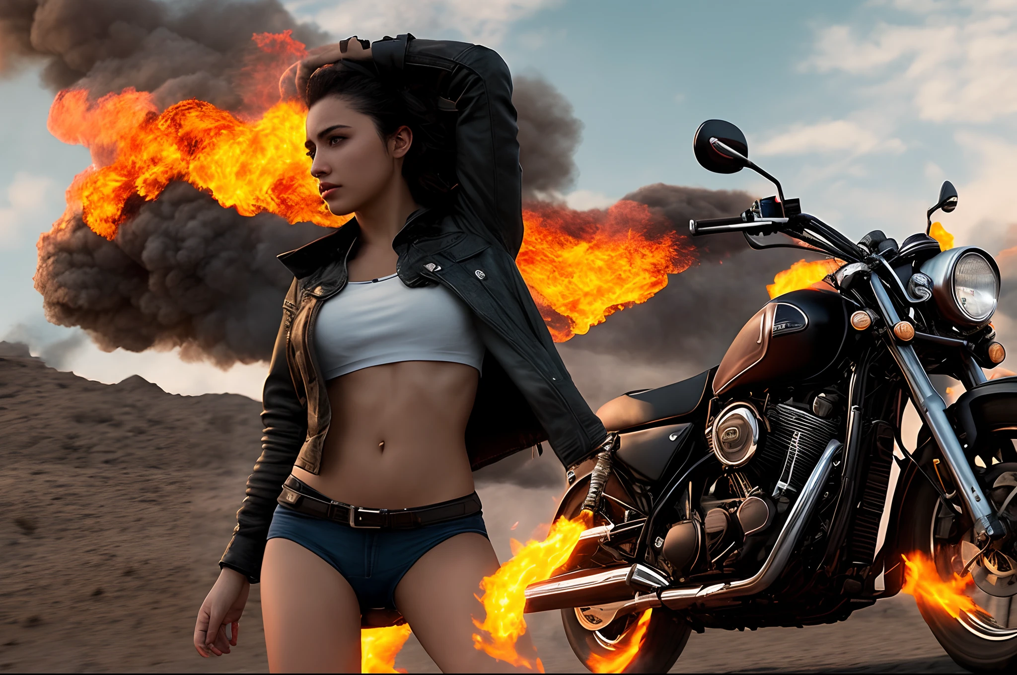 Mujer, 25 years old, Ghost photographer style, a supernatural antihero character in comic books published by Marvel Comics, aparece con la cabeza de un esqueleto en llamas, Drive a motorcycle that is also on fire, Ropa ajustada de cuero, cuerpo completo, (Motocicleta en llamas: 1.5 ), ((La mejor calidad)), ((Seleccionado: 1.4)) Super resolution, cinematic lighting, (Nueva York: 1.3), (cabeza de esqueleto en llamas: 1.3), ultra realista, . .....RAW, (realismo: 1.5), (Realisitc: 1.4), (absurdo: 1.4), 8k, Ultra detallado, Detallado, (Uno: 1.4), (espectador: 1.3), HD4