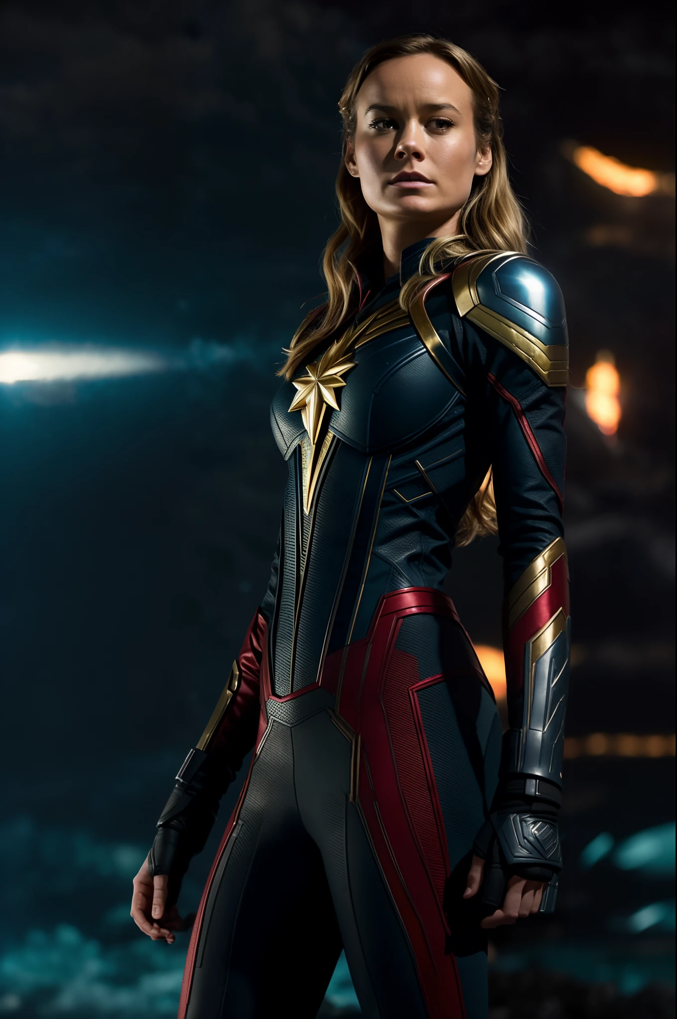 Low angle shot of brie larson sexy, ultra realistic in the Eternals movie, speedster In the ocean, MCU, superhero action pose, background of a destroyed, in a Battle, fighting, Full body, real, Tyrannical Supervillain, IMAX film, hyperrealistic, high resolution movie still, cinema lighting, atlantis light, wide red and black and silver, 8k