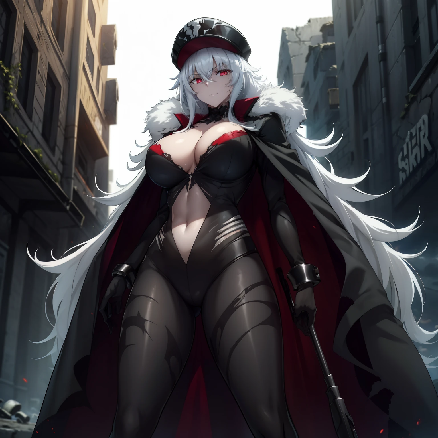 1girl,gigantic breasts,standing in ruined city,(8k),scratches,detailed face,white hair,red eyes,long hair,embarassed,small smile face,high_res, high_definition,the battlefield,Heroic pose,dark suit,military hat,black cape,(symbiote spider man Custome:1.1),