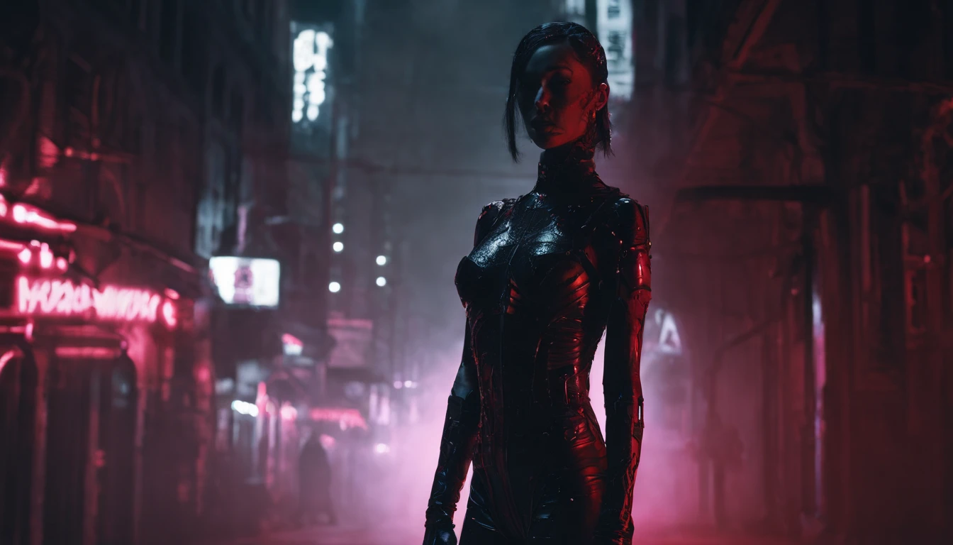 There's a cyborg woman (8k) wearing a futuristic leotard (best quality) standing in a cyberpunk city alley at night, darksynth aesthetic, red neons, beautiful woman, haze, foggy night, ultra detailed, photorealistic.