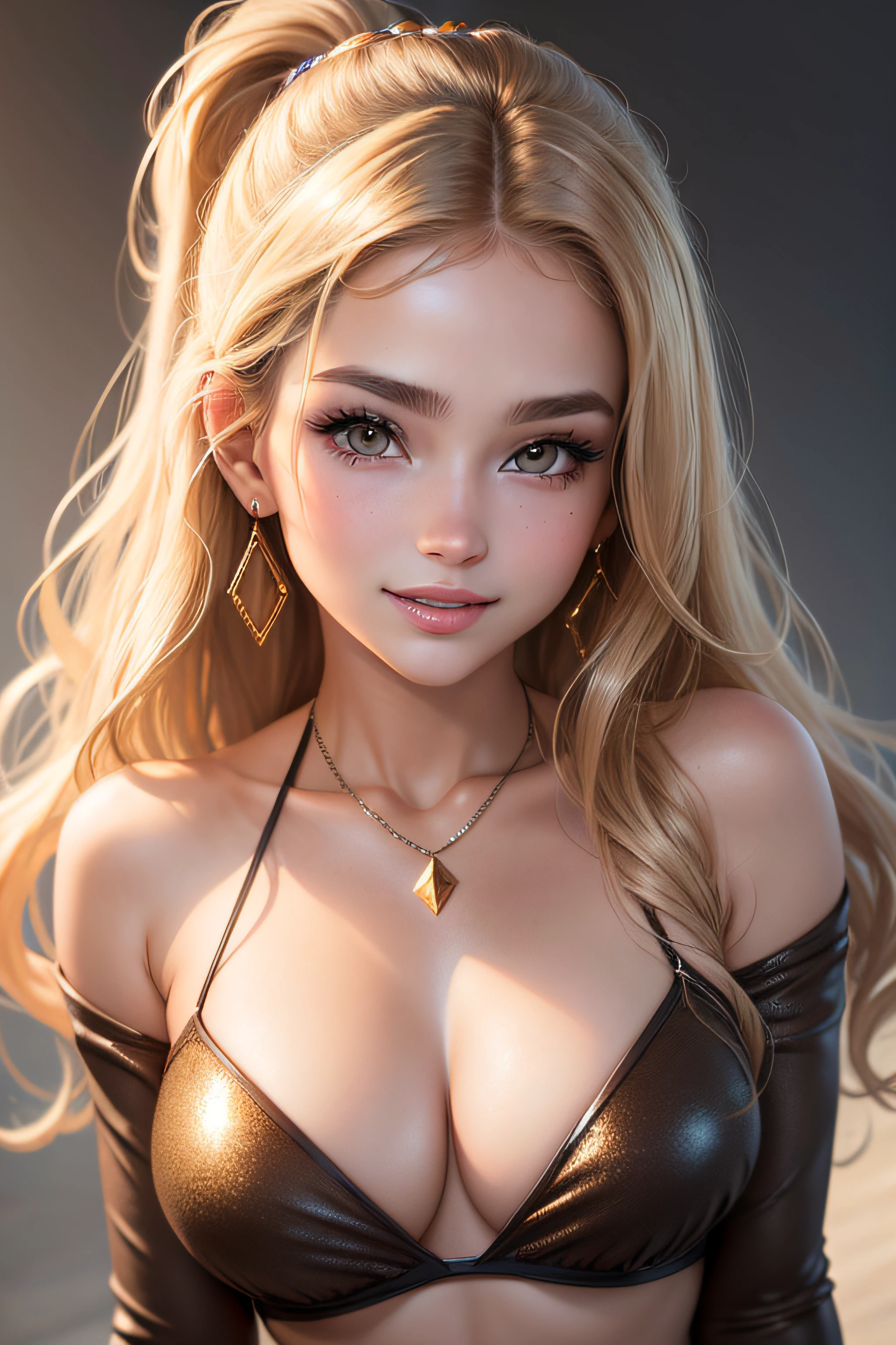 (A frontal photo)blonde girl in winter clothes, Pretty face, Highly detailed face and skin texture, (Detailed eyes), Brown eyes, Double eyelids, Thin eyebrows, Glitter eyeliner: 1.2, Natural cheeks, Glowing skin, Light skin: 1. 2, Shiny necklace and earrings, (Shiny lips: 1. 4), (Seductive smile), (20 years old), (High ponytail, Wavy hair, Brown hair, Diagonal bangs), Medium long hair, ((Upper body shot)), (Focus on chest and face), Medium large breasts, Turgid breasts.