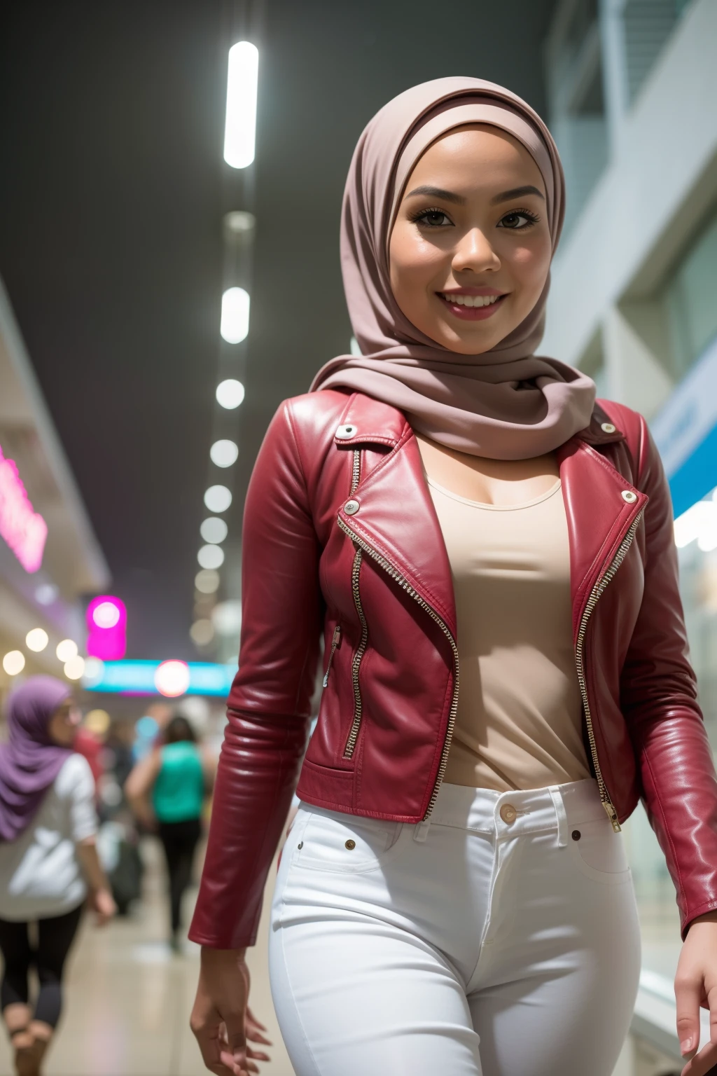 Portrait photography of a beautiful young malay girl in hijab wearing white floral pattern tank top with pink leather jacket and white jeans walking, catwalk, nighttime, crowded mall background, bright lighting, smile and happy gesture,