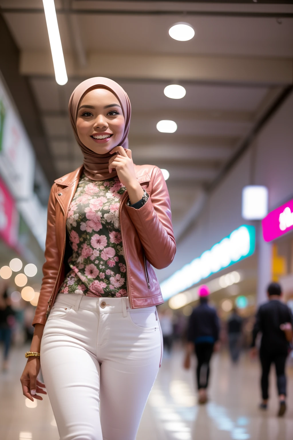 Portrait photography of a beautiful young malay girl in hijab wearing white floral pattern tank top with pink leather jacket and white jeans walking, catwalk, nighttime, crowded mall background, bright lighting, smile and happy gesture,