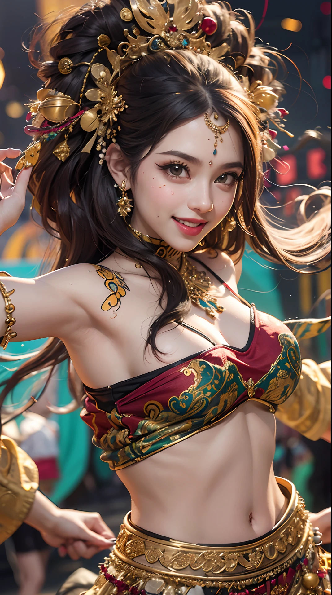 (greatest masterpiece, ultimate quality, ultra-detailed, movie lighting),1girl, solo, super fine illustration, an extremely delicate and beautiful, 8K, 21 year old, radiant beauty, Japanese university student, Rio Carnival, Bikini-type sexy and flashy samba costume, smiling joyfully, crowd around her, long black hair, dancing energetically, green and yellow feathers swaying, sequined outfit shining under sun lights, tantalizing beats, street filled with music and revelry, clapping along, making new friends from different cultures, cultural exchange through universal language of dance and smiles.